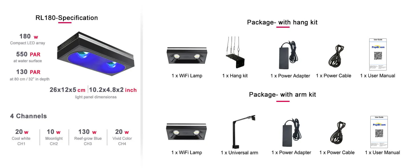 PopBloom RL180 180W Wi-Fi Reef Light Kit
