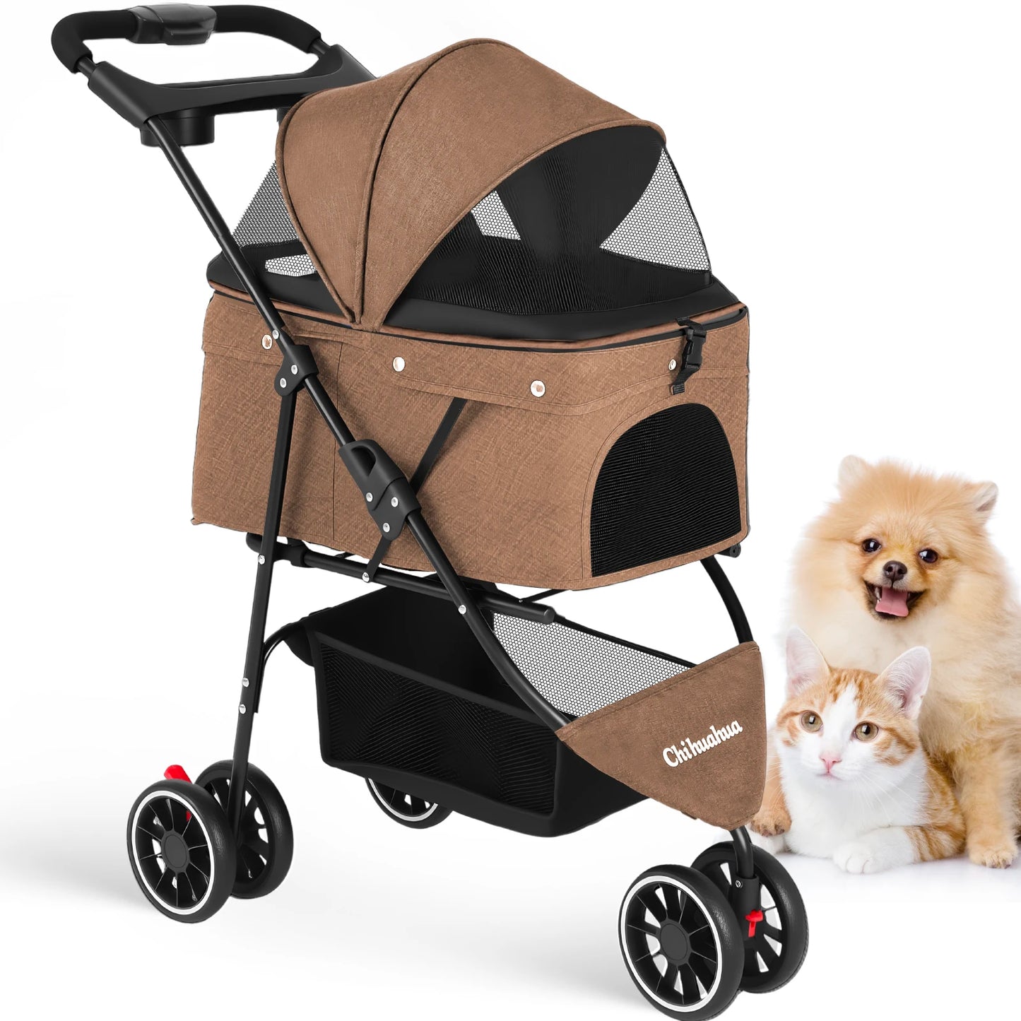 Foldable 3-Wheel Dog & Cat Stroller with Detachable Carrier