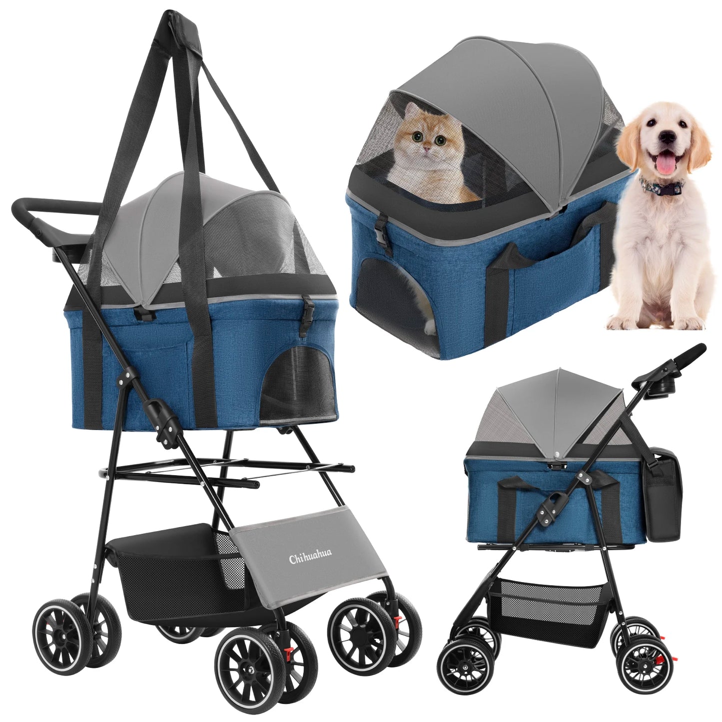 Foldable Pet Stroller with Detachable Carrier
