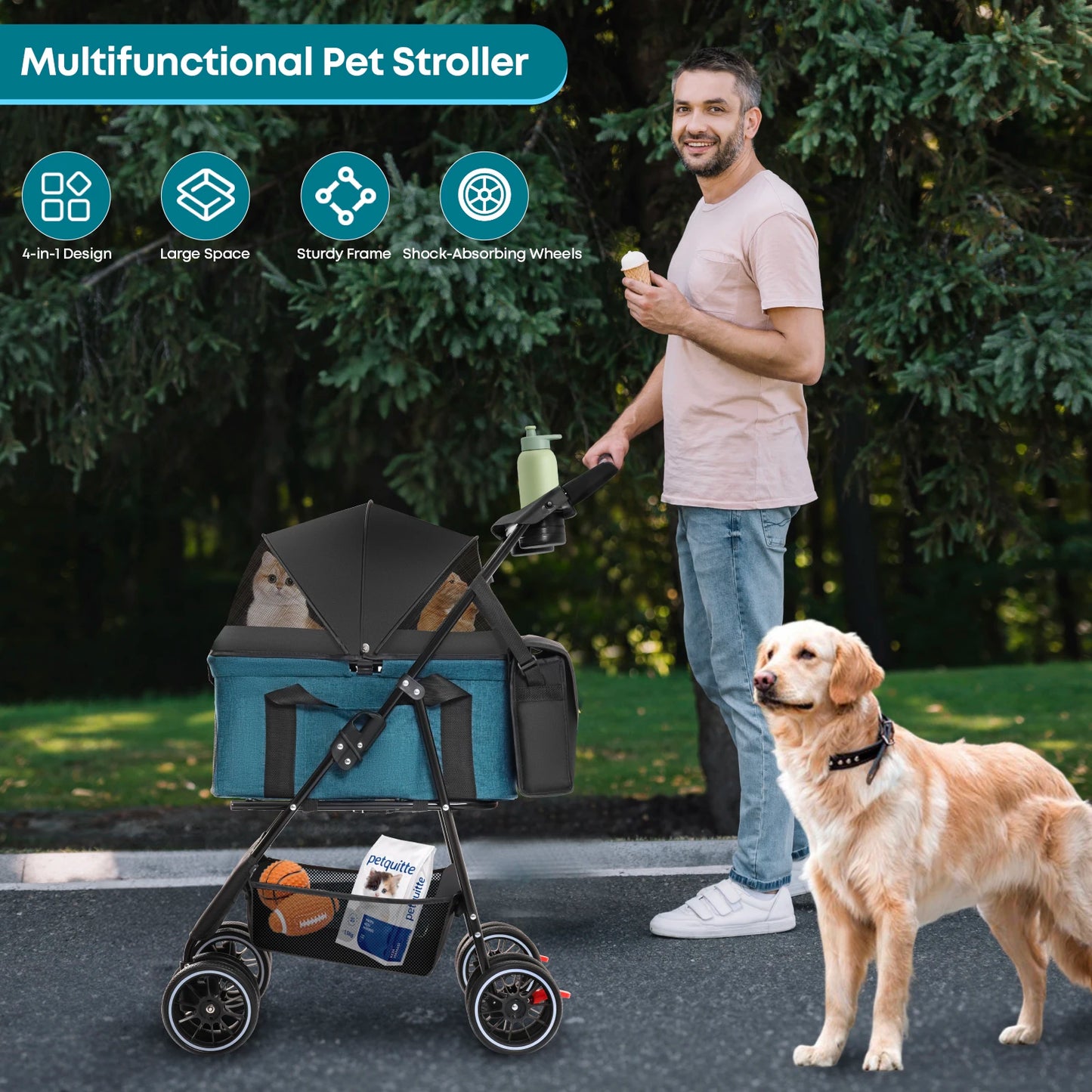 Foldable Pet Stroller with Detachable Carrier