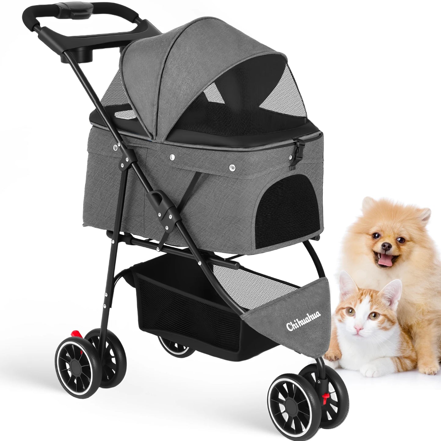 Foldable 3-Wheel Dog & Cat Stroller with Detachable Carrier