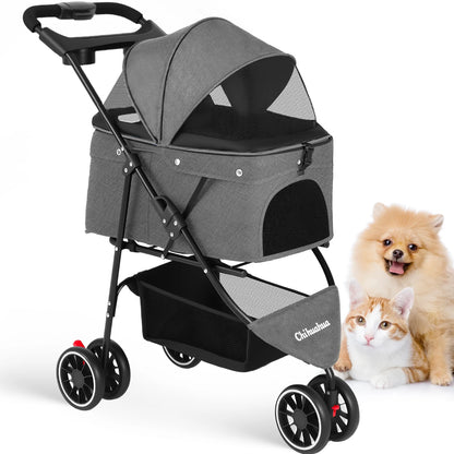 Foldable 3-Wheel Dog & Cat Stroller with Detachable Carrier