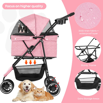 Foldable 3-Wheel Dog & Cat Stroller with Detachable Carrier