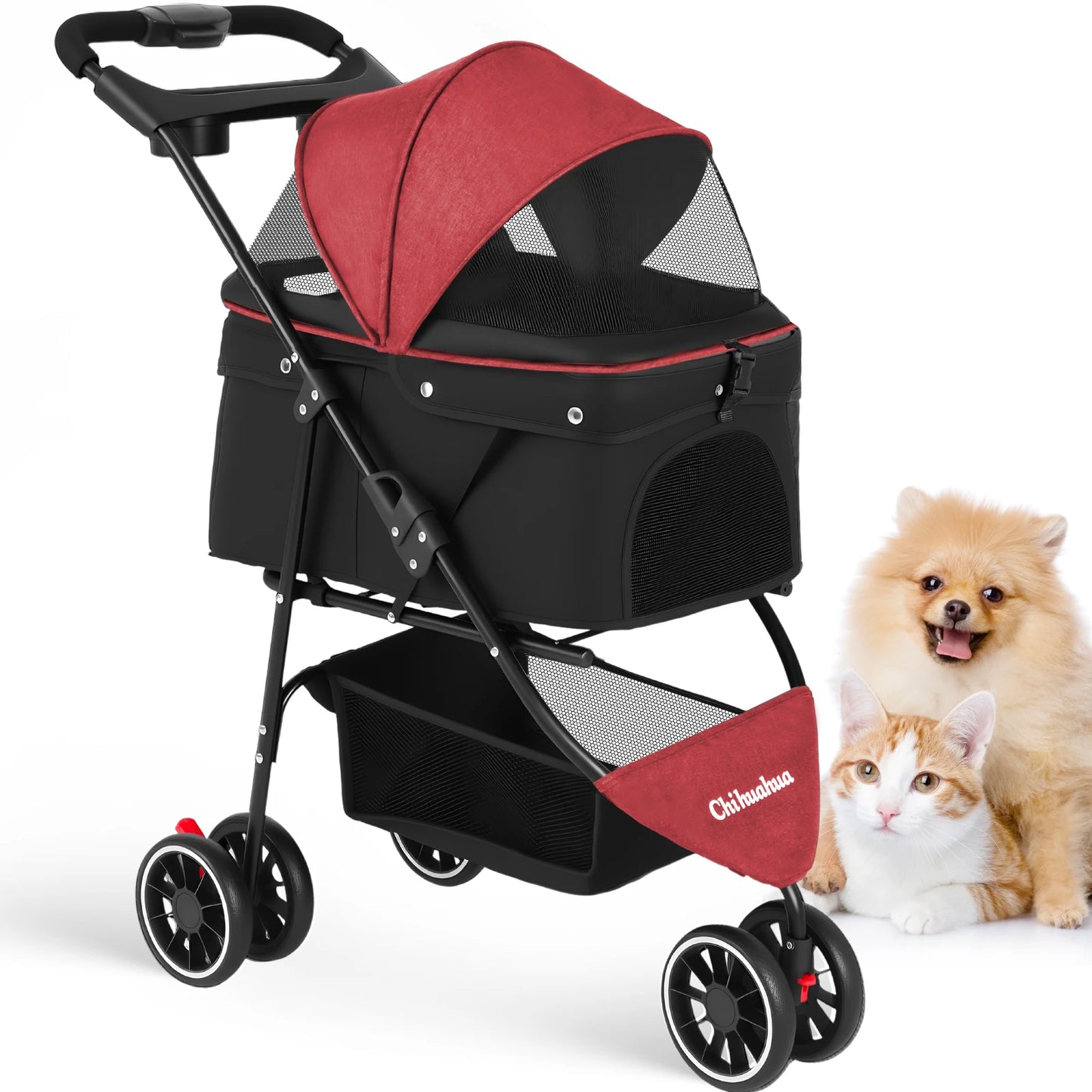 Foldable 3-Wheel Dog & Cat Stroller with Detachable Carrier