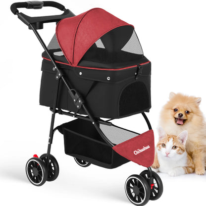 Foldable 3-Wheel Dog & Cat Stroller with Detachable Carrier
