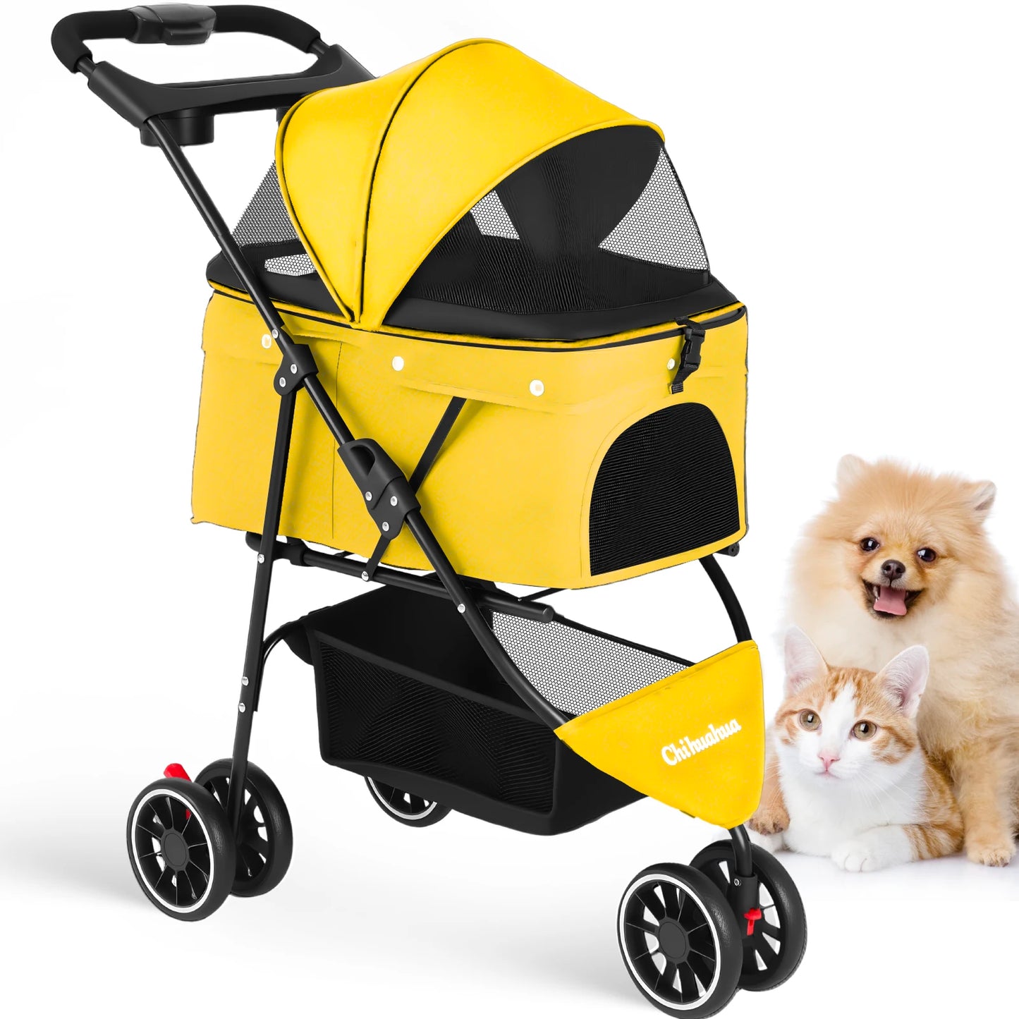 Foldable 3-Wheel Dog & Cat Stroller with Detachable Carrier