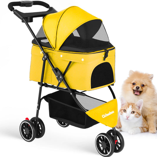 Foldable 3-Wheel Dog & Cat Stroller with Detachable Carrier