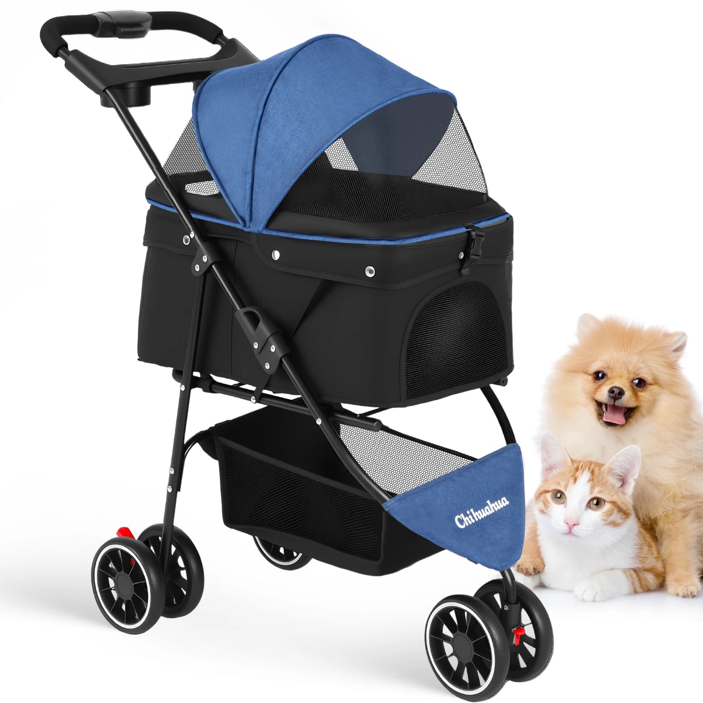Foldable 3-Wheel Dog & Cat Stroller with Detachable Carrier