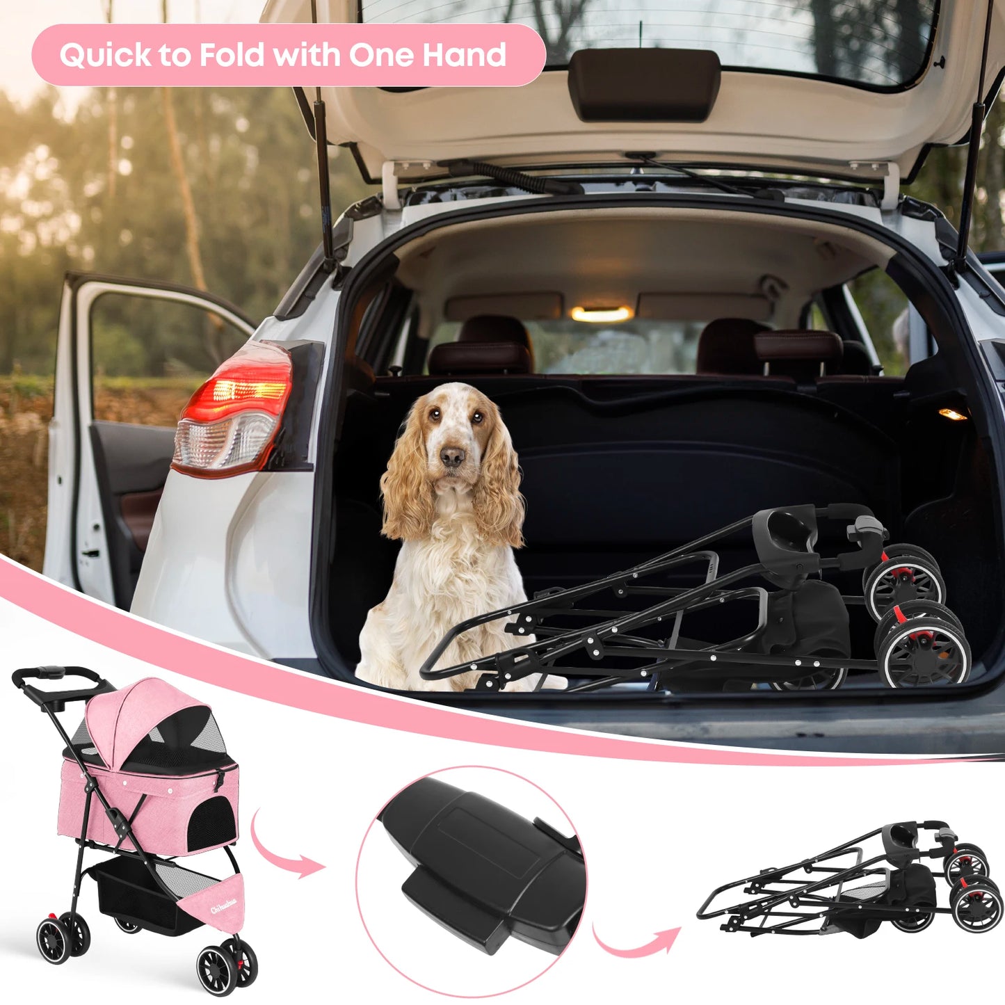 Foldable 3-Wheel Dog & Cat Stroller with Detachable Carrier