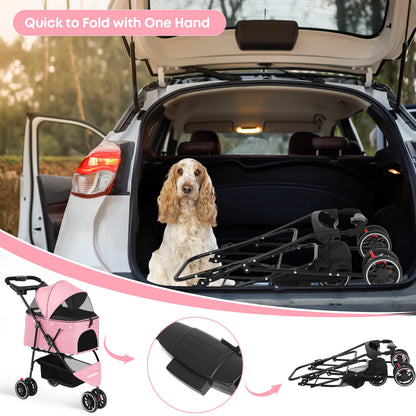 Foldable 3-Wheel Dog & Cat Stroller with Detachable Carrier