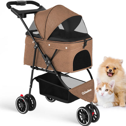 Foldable 3-Wheel Dog & Cat Stroller with Detachable Carrier