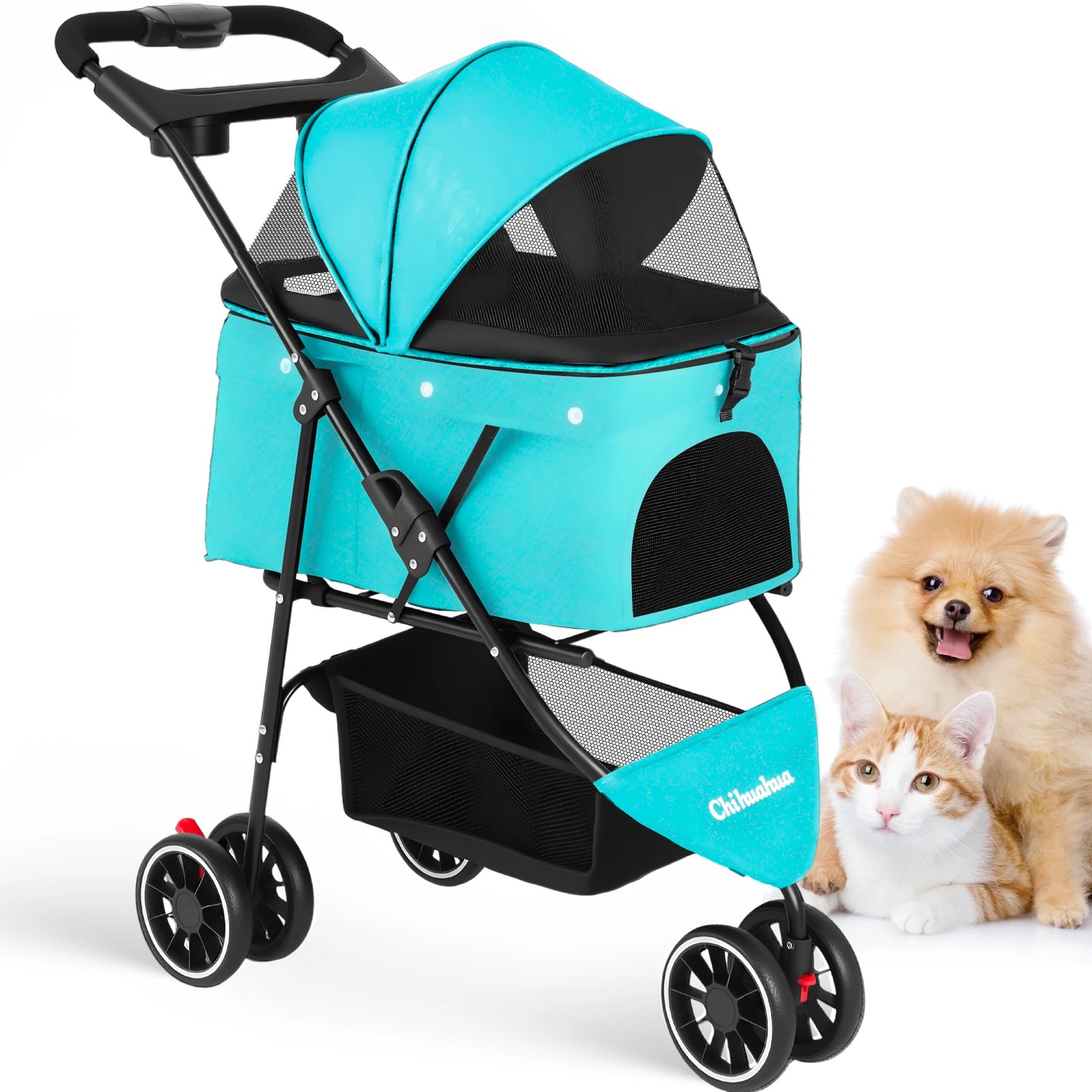 Foldable 3-Wheel Dog & Cat Stroller with Detachable Carrier