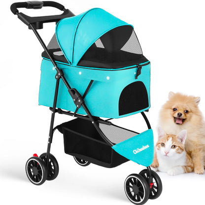 Foldable 3-Wheel Dog & Cat Stroller with Detachable Carrier