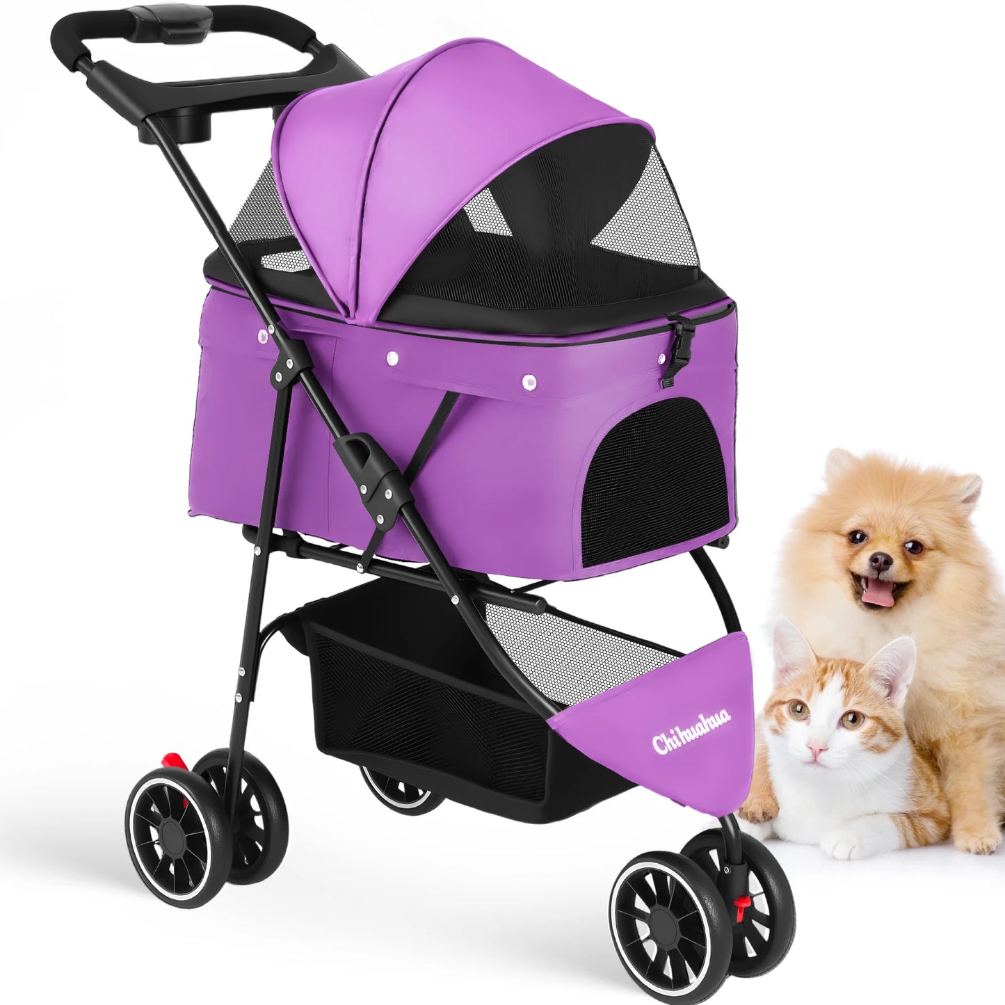 Foldable 3-Wheel Dog & Cat Stroller with Detachable Carrier