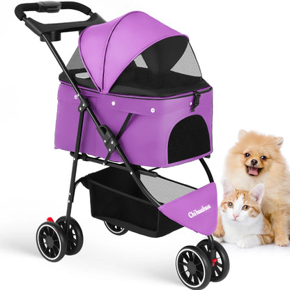 Foldable 3-Wheel Dog & Cat Stroller with Detachable Carrier