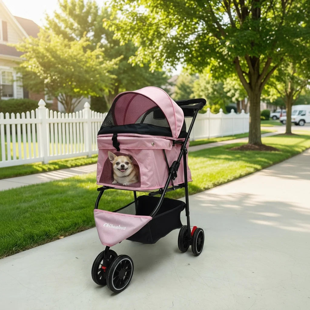 Foldable 3-Wheel Dog & Cat Stroller with Detachable Carrier