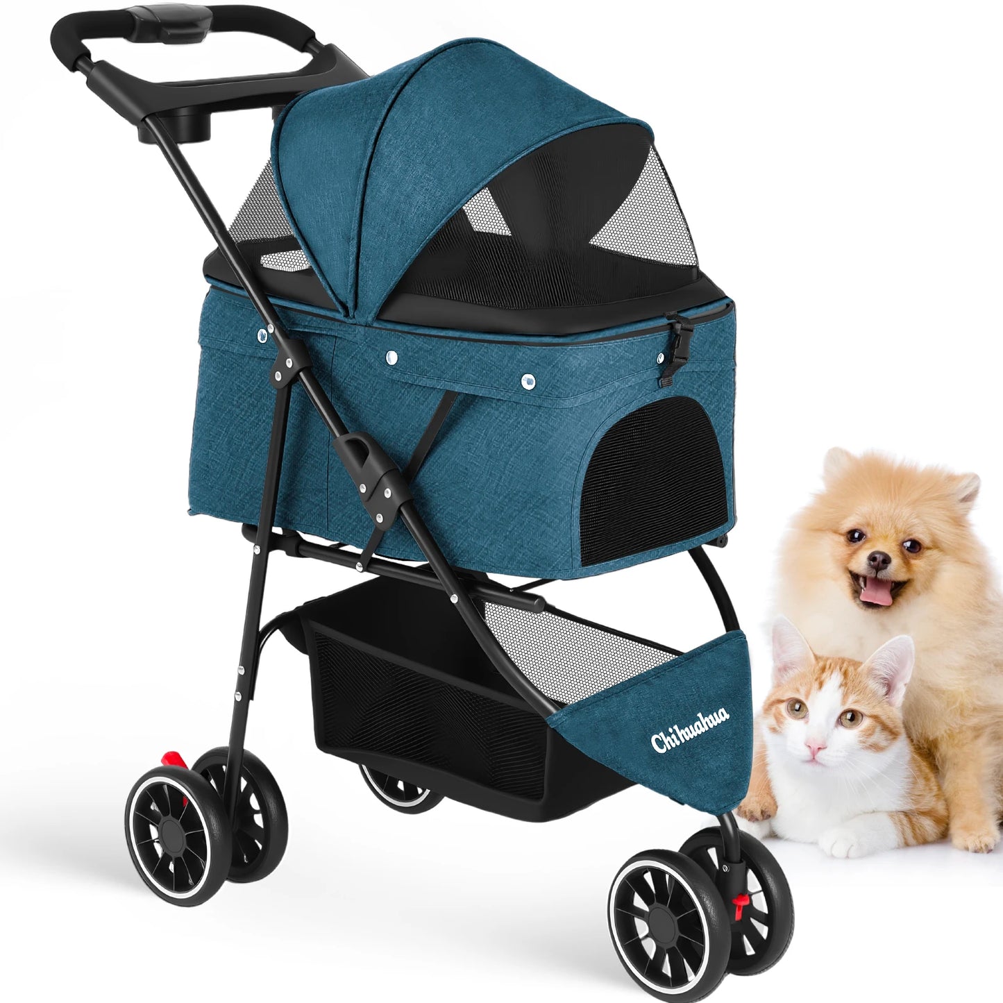 Foldable 3-Wheel Dog & Cat Stroller with Detachable Carrier