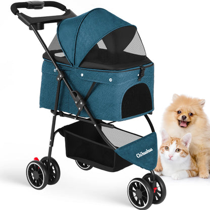 Foldable 3-Wheel Dog & Cat Stroller with Detachable Carrier
