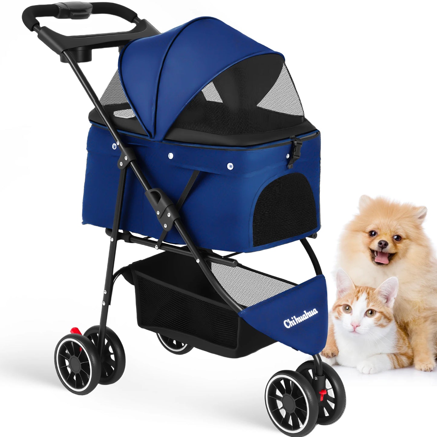 Foldable 3-Wheel Dog & Cat Stroller with Detachable Carrier