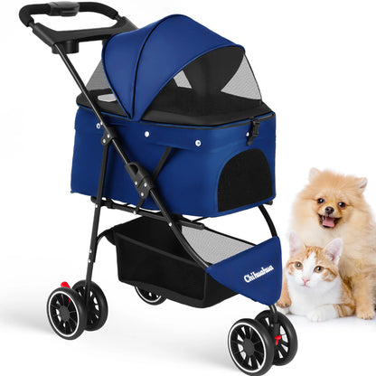 Foldable 3-Wheel Dog & Cat Stroller with Detachable Carrier