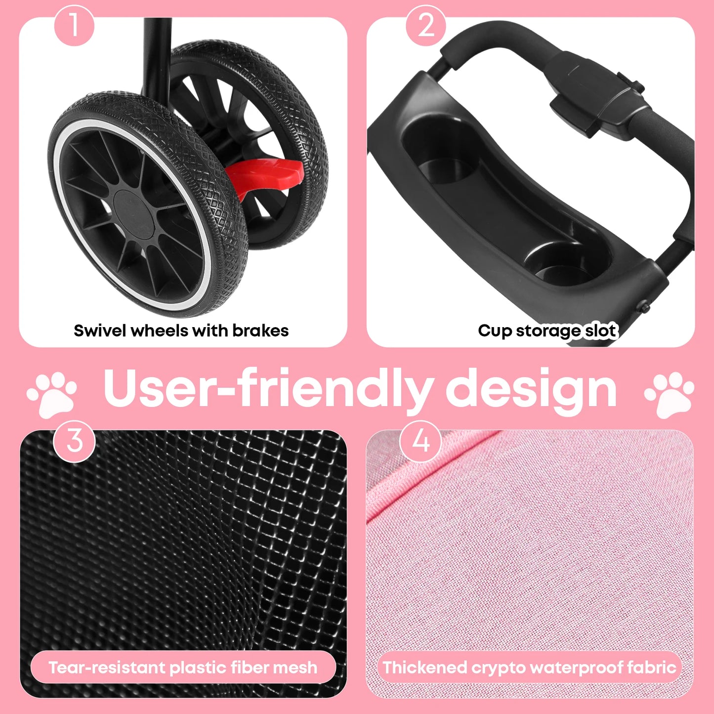 Foldable 3-Wheel Dog & Cat Stroller with Detachable Carrier