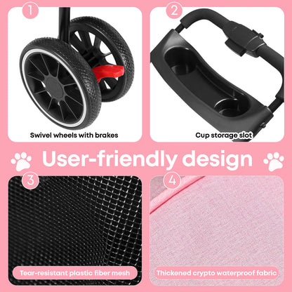 Foldable 3-Wheel Dog & Cat Stroller with Detachable Carrier