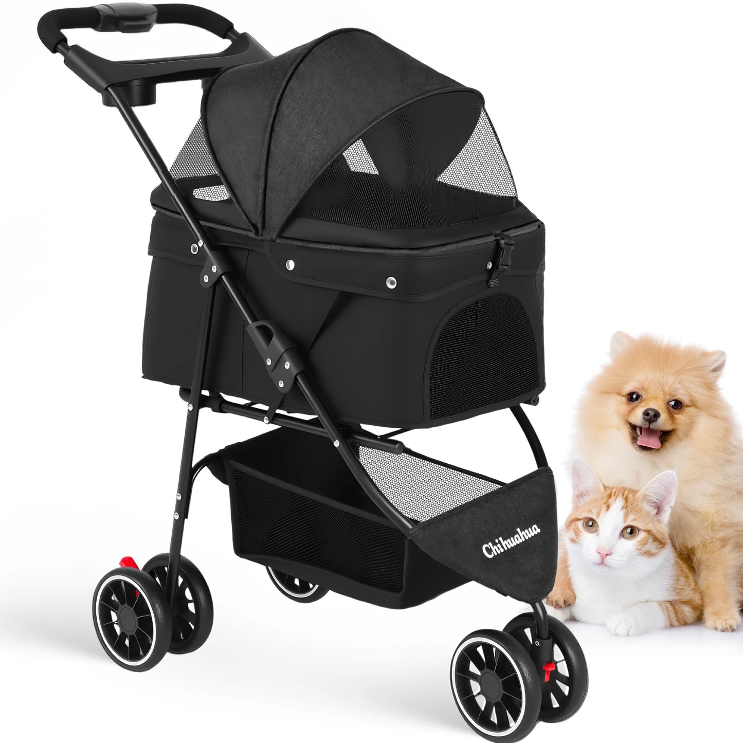 Foldable 3-Wheel Dog & Cat Stroller with Detachable Carrier