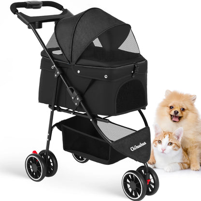 Foldable 3-Wheel Dog & Cat Stroller with Detachable Carrier