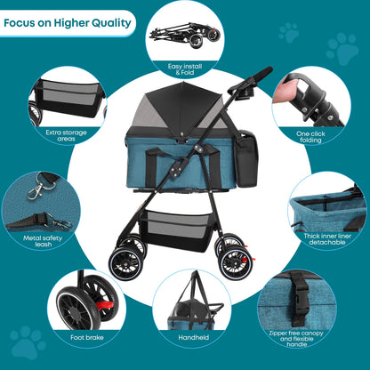 Foldable Pet Stroller with Detachable Carrier