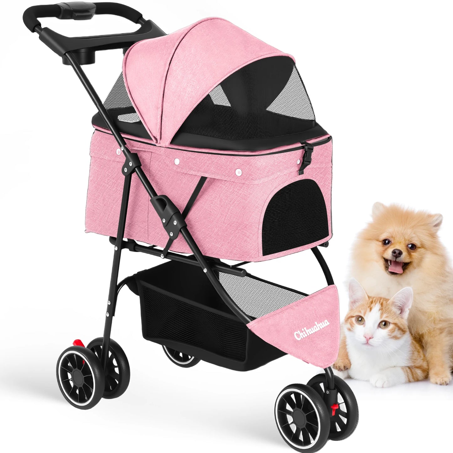 Foldable 3-Wheel Dog & Cat Stroller with Detachable Carrier