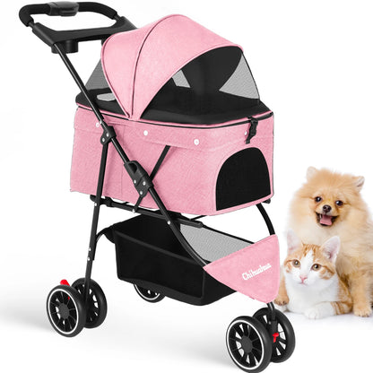 Foldable 3-Wheel Dog & Cat Stroller with Detachable Carrier