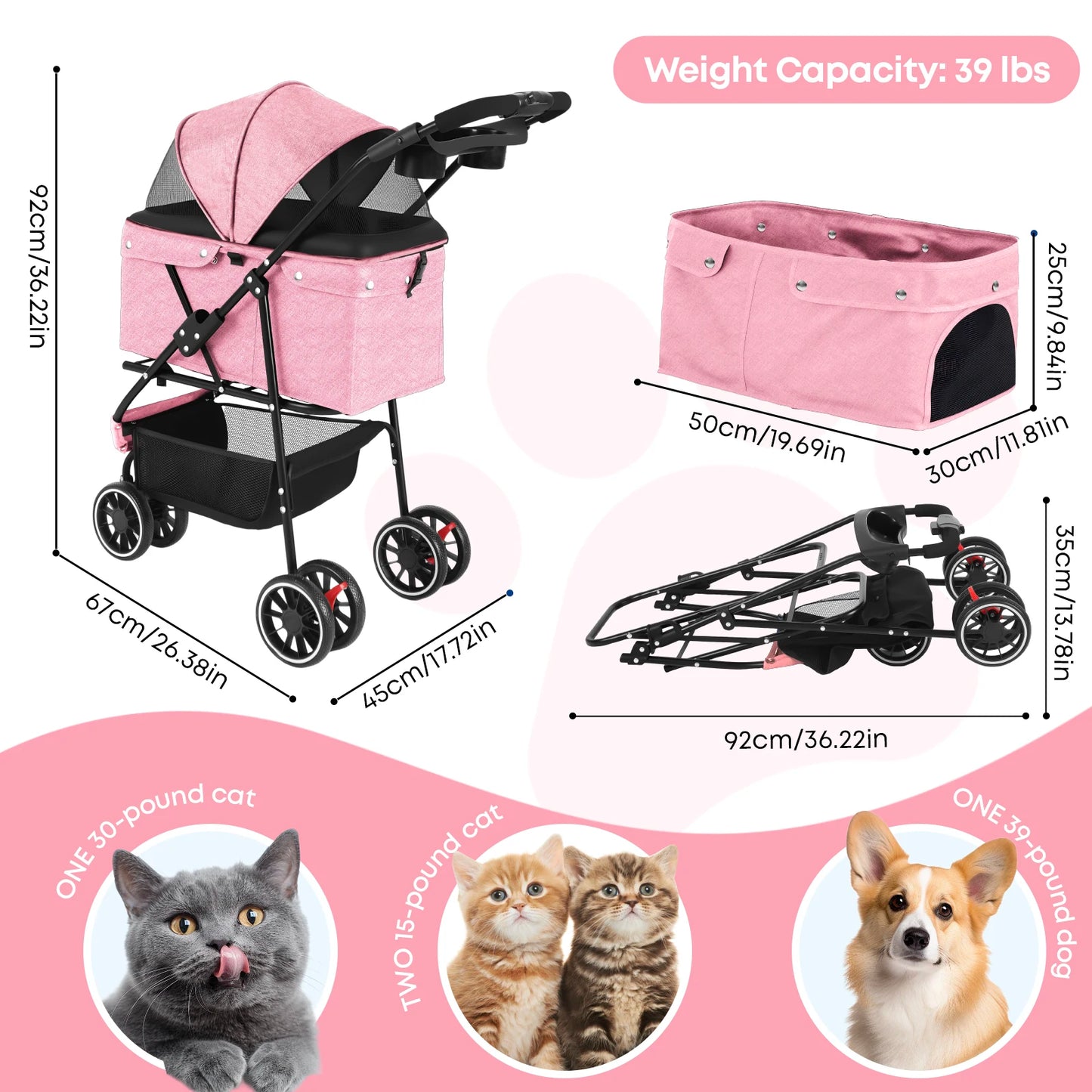 Foldable 3-Wheel Dog & Cat Stroller with Detachable Carrier