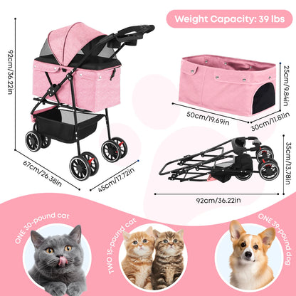 Foldable 3-Wheel Dog & Cat Stroller with Detachable Carrier