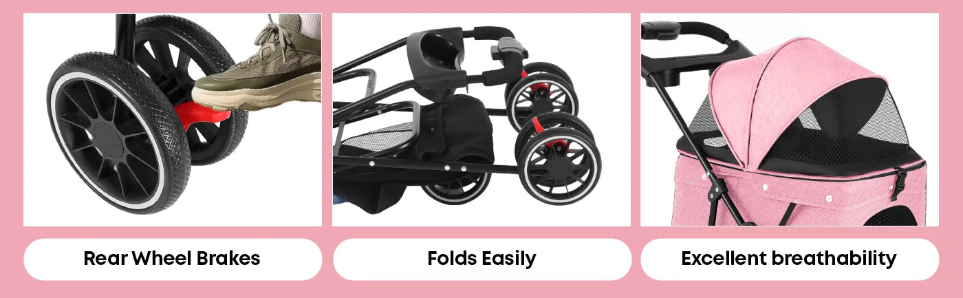 Foldable 3-Wheel Dog & Cat Stroller with Detachable Carrier