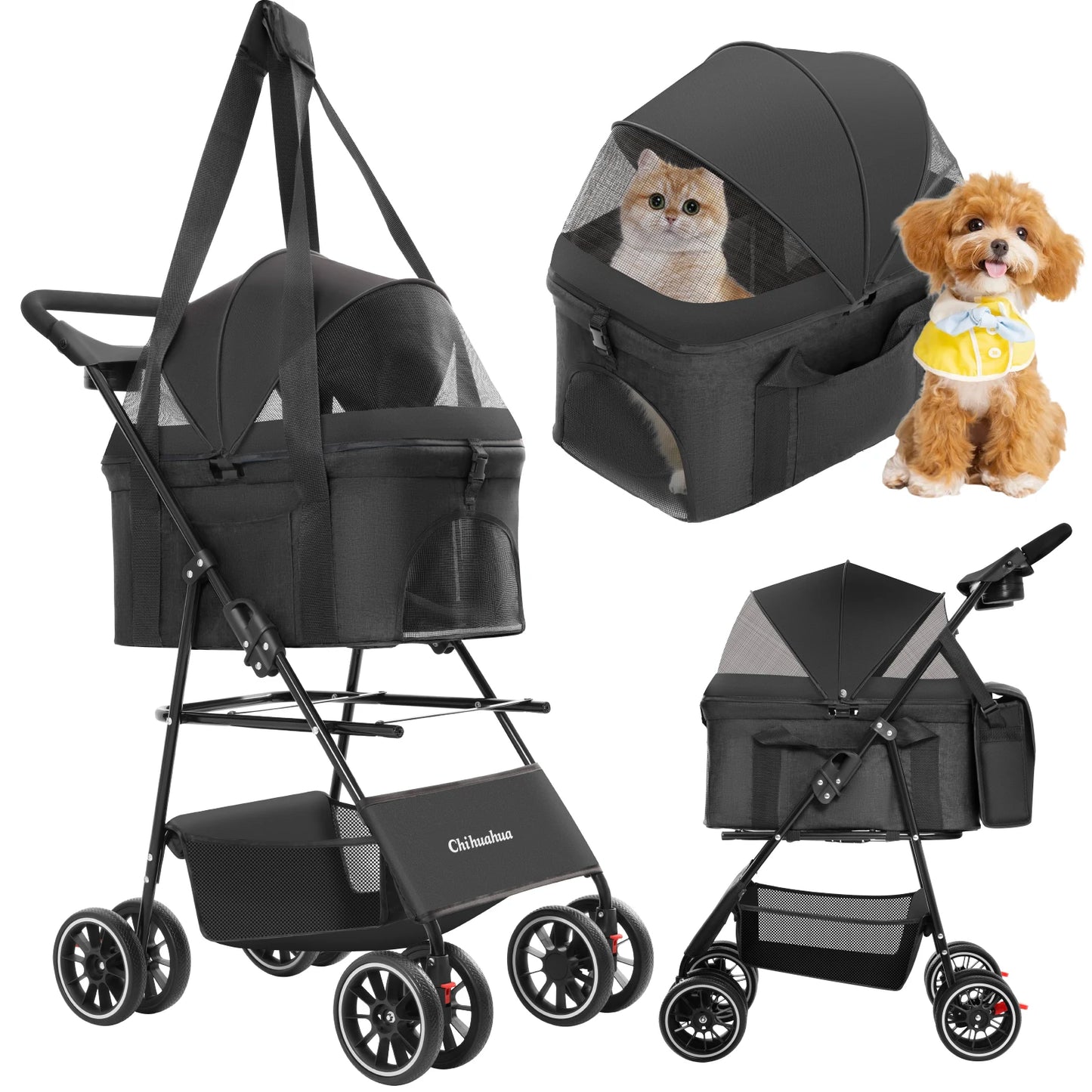 Foldable Pet Stroller with Detachable Carrier